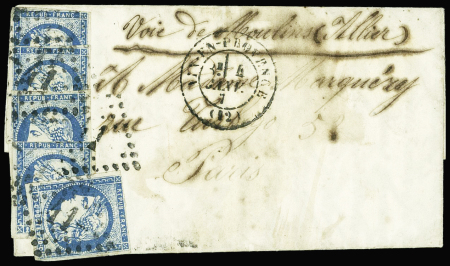 N°44 20c Bordeaux type 1, 5 pièces obl GC 41 + T17