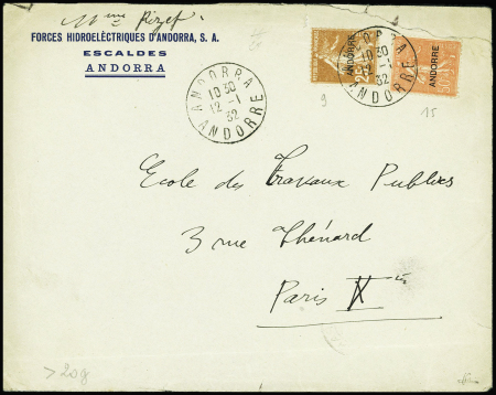 N°9 + 15 obl CAD "Andorra Andorre" (1932) sur lett