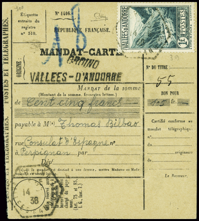 N°39 obl hex "Ordino vallées d'Andorre" (1938) sur