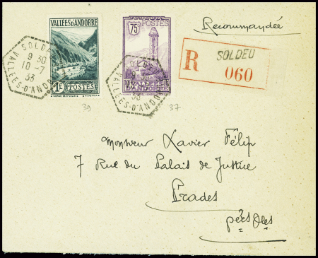 N°37 + 39 obl hex "Soldeu vallées d'Andorre" (1933