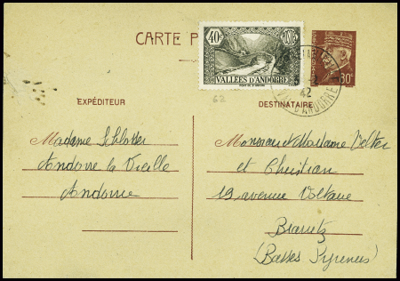 Andorre n°62 obl Andorre la Vieille (1942) sur ent