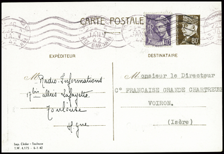 France n°413 obl Toulouse (1942) sur entier CP 80c