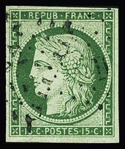 N°2b 15c vert foncé, obl., TB. Certificat Calves