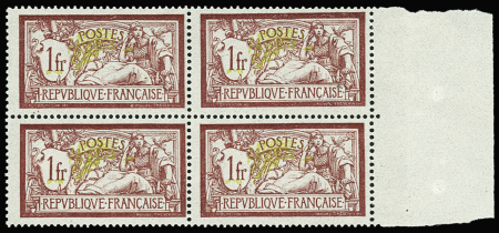 N°121b 1f Merson, variété centre déplacé, en bloc 