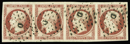 N°17A 80c carmin, en bande de 4, bien margée, oblitéré