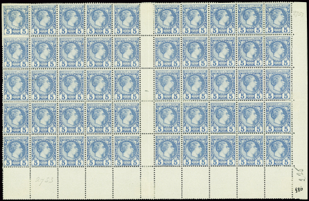 N°3 5c. bleu, Charles III, PANNEAU de 50, 14 ex. *