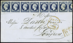 N°14 20c bleu foncé en bande de 8 sur lettre pour Londres