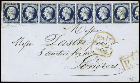 N°14 20c bleu foncé en bande de 8 sur lettre pour Londres