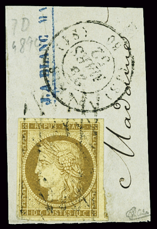 N°1 10c bistre-jaune obl. grille sans fin sur fragment