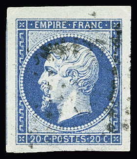 N°14A 20c bleu, obl. avec très grande marges, TTB.