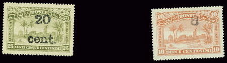 N°59A 8c. sur 10c. rose + n°61A 20c sur 25c. olive,