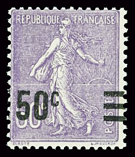 N°223b 50c sur 60c violet, valeur sur valeur avec barre,