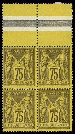 N°99 75c violet sur orange, bloc de 4, bdf, 3 timbres