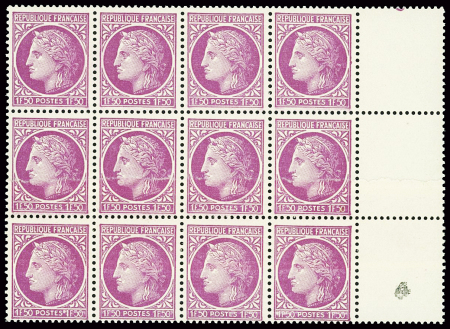 N°679 1f50 sur lilas, bloc de 12 avec 4 timbres impression