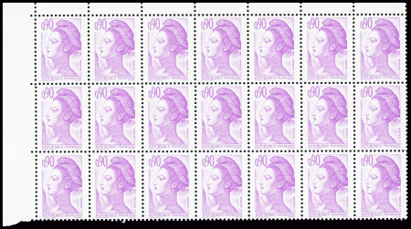 N°2242a 90c violet en bloc de 21 avec 6 timbres sans