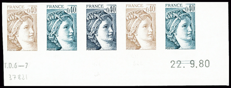 N°2118 40c Sabine, Essai de couleur en bande de 5,