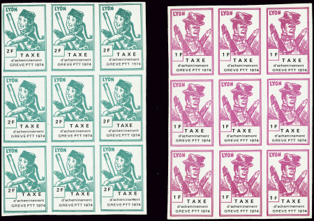 1974 1f et 2f Taxe d'acheminement GREVE PTT, les Guignols,