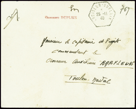 Lettre en franchise avec CAD hex "Croiseur Dupleix