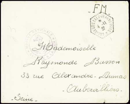 Lettre en franchise avec CAD hex "Croiseur Ecole J