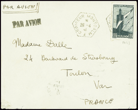 Maroc PA 43 obl hex "Croiseur Montcalm" (1941) rép