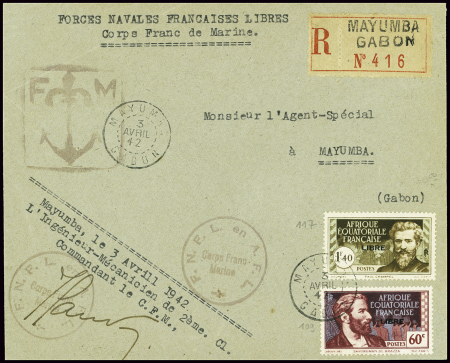 AEF n°107 + 109 obl Mayumba Gabon" (1942) sur lett