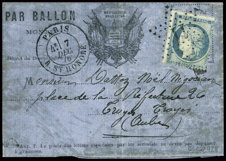 N°37 obl étoile 11 + CAD "Paris R. St Honoré" (7 d