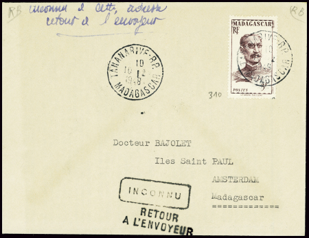 Madagascar n°310 obl Tananarive RP (10.12.48) sur 