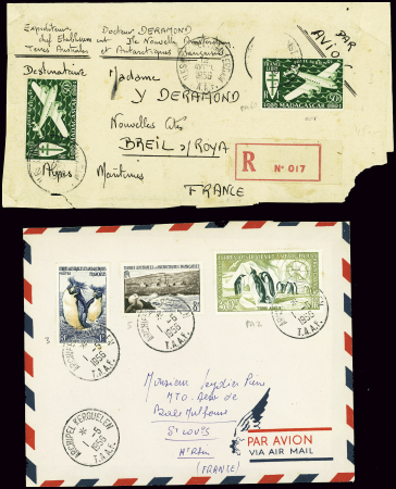2 lettres : TAAF n°3 + 5 + PA2 obl Kerguelen (1.5.
