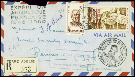 Madagascar n°315 + TAAF PA n°1 obl CAD "Terre Adél