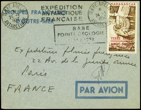 TAAF PA n°1 obl Terre Adélie sur env bleue avec gr