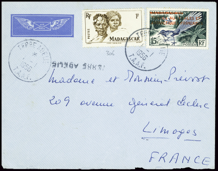 Madagascar n°306 + TAAF n°1 obl CAD "Terre Adélie 