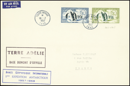 TAAF PA n°2 + PA n°3 obl Terre Adélie (10.2.1957) 