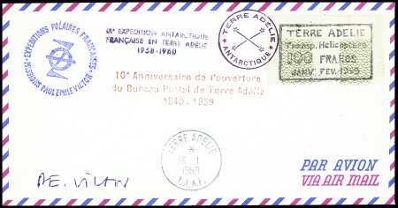 Lettre avec étiquette de fortune "Terre Adélie tra