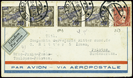 Tchécoslovaquie n°269 + PA9, bande de 4, obl Borno