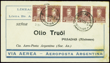 Argentine n°280, bande de 5 obl Buenos Aires (13.7