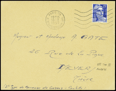 N°886 15F Gandon bleu, timbre de roulette obl mec 