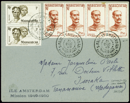 Madagascar n°306 en paire + 308, bande de 3 obl CA