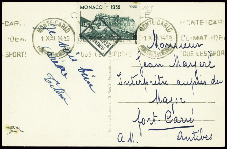 Monaco n°195 obl mec Monte Carlo (1.10.39) sur CP 