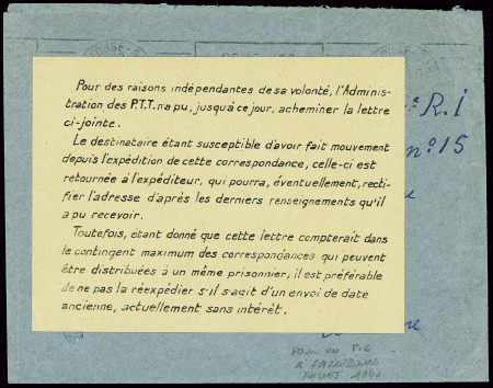 Lettre en franchise de Toulouse (juillet 1940) pou