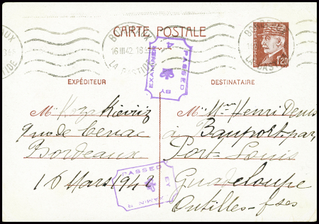 Entier CP 1F20 Pétain obl Bordeaux (1942) pour Por