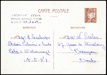 Entier CP 1F20 Pétain de Pobé (Dahomey) pour Besan