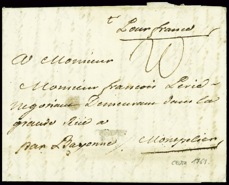 Lettre de Ceuta pour Montpellier (1761) avec taxe 