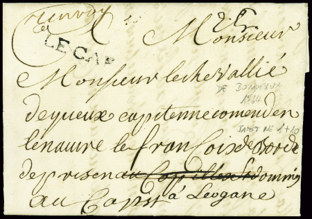 Lettre de Bordeaux pour Le Cap réexpédiée à Léogan