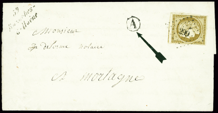 N°1 10c bistre-jaune obl PC 299 + cursive "59 Bazo