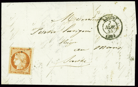 N°5 40c orange, obl PC 1754 + T15 Longni (1855) su