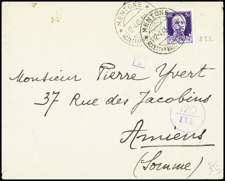 Italie n°232 obl CAD "Mentone ACCETTne RACC ED ASS