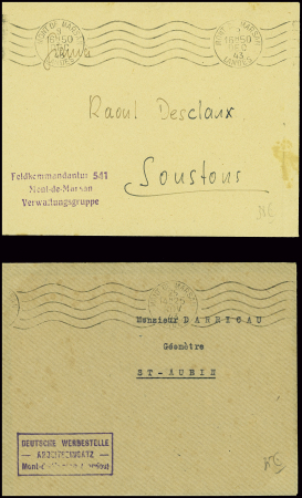 2 lettres avec griffes violettes "Feldkommandantur