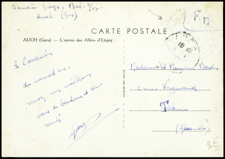 CP en franchise d'Auch Gers (1944) avec cachet ble