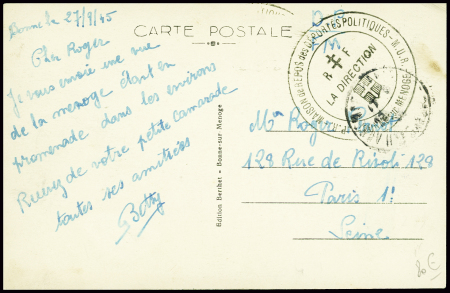 CP en franchise avec cachet noir avec petite croix