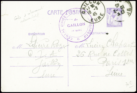 Entier CP 1F20 violet obl Gaillon Eure (1945) avec